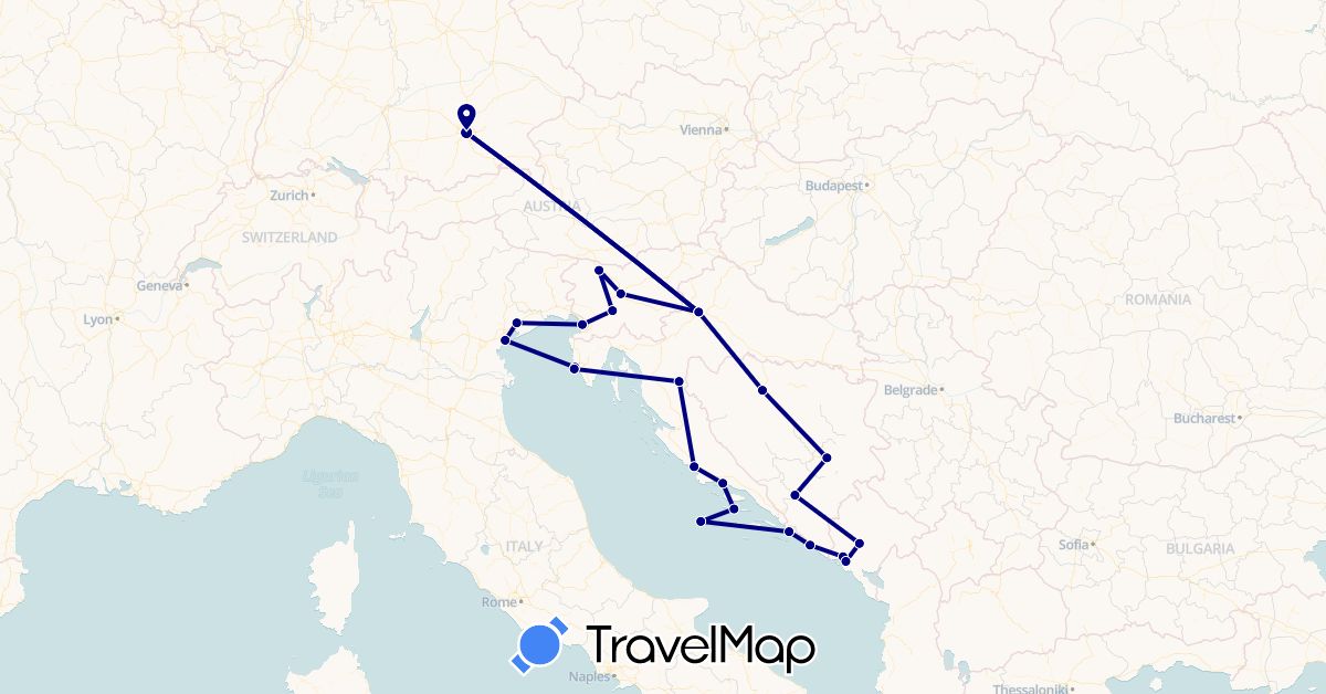 TravelMap itinerary: driving in Bosnia and Herzegovina, Germany, Croatia, Italy, Montenegro, Slovenia (Europe)
